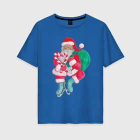 Женская футболка хлопок Oversize с принтом Санта Клаус с мешком подарков на коньках в Кировске, 100% хлопок | свободный крой, круглый ворот, спущенный рукав, длина до линии бедер
 | Тематика изображения на принте: 