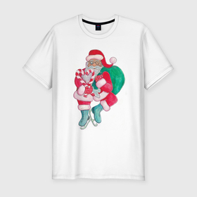 Мужская футболка хлопок Slim с принтом Санта Клаус с мешком подарков на коньках , 92% хлопок, 8% лайкра | приталенный силуэт, круглый вырез ворота, длина до линии бедра, короткий рукав | 