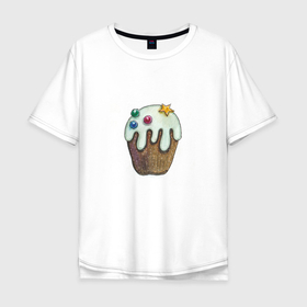 Мужская футболка хлопок Oversize с принтом Рождественский шоколадный капкейк в Санкт-Петербурге, 100% хлопок | свободный крой, круглый ворот, “спинка” длиннее передней части | 