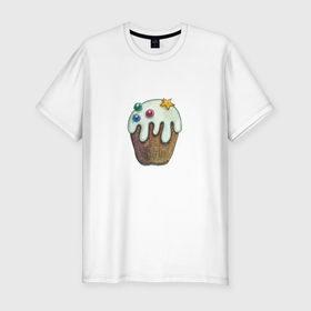 Мужская футболка хлопок Slim с принтом Рождественский шоколадный капкейк в Новосибирске, 92% хлопок, 8% лайкра | приталенный силуэт, круглый вырез ворота, длина до линии бедра, короткий рукав | 