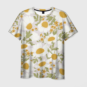 Мужская футболка 3D с принтом Цветы молодые ромашки в Кировске, 100% полиэфир | прямой крой, круглый вырез горловины, длина до линии бедер | 