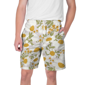Мужские шорты 3D с принтом Цветы молодые ромашки в Кировске,  полиэстер 100% | прямой крой, два кармана без застежек по бокам. Мягкая трикотажная резинка на поясе, внутри которой широкие завязки. Длина чуть выше колен | 