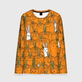 Мужской лонгслив 3D с принтом Милые кролики в морковном поле , 100% полиэстер | длинные рукава, круглый вырез горловины, полуприлегающий силуэт | 