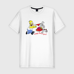 Мужская футболка хлопок Slim с принтом Гомер Симпсон гонится за кроликом в Курске, 92% хлопок, 8% лайкра | приталенный силуэт, круглый вырез ворота, длина до линии бедра, короткий рукав | 