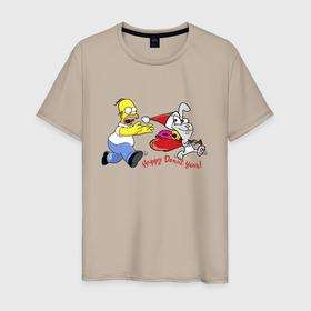 Мужская футболка хлопок с принтом Гомер Симпсон гонится за кроликом в Белгороде, 100% хлопок | прямой крой, круглый вырез горловины, длина до линии бедер, слегка спущенное плечо. | 