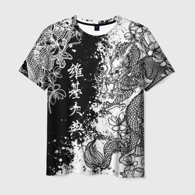 Мужская футболка 3D с принтом Цветы и драконы , 100% полиэфир | прямой крой, круглый вырез горловины, длина до линии бедер | 