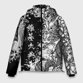 Мужская зимняя куртка 3D с принтом Цветы и драконы в Тюмени, верх — 100% полиэстер; подкладка — 100% полиэстер; утеплитель — 100% полиэстер | длина ниже бедра, свободный силуэт Оверсайз. Есть воротник-стойка, отстегивающийся капюшон и ветрозащитная планка. 

Боковые карманы с листочкой на кнопках и внутренний карман на молнии. | 