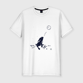 Мужская футболка хлопок Slim с принтом Заяц воет на луну в Екатеринбурге, 92% хлопок, 8% лайкра | приталенный силуэт, круглый вырез ворота, длина до линии бедра, короткий рукав | 