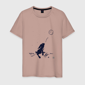 Мужская футболка хлопок с принтом заяц воет на луну в Екатеринбурге, 100% хлопок | прямой крой, круглый вырез горловины, длина до линии бедер, слегка спущенное плечо. | 