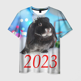 Мужская футболка 3D с принтом Кролик символ наступающего нового года в Екатеринбурге, 100% полиэфир | прямой крой, круглый вырез горловины, длина до линии бедер | 