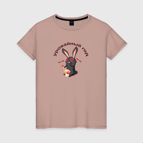 Женская футболка хлопок с принтом Черный кролик собирает мухоморы в Новосибирске, 100% хлопок | прямой крой, круглый вырез горловины, длина до линии бедер, слегка спущенное плечо | 