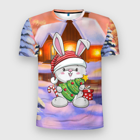 Мужская футболка 3D Slim с принтом Новый год   зайчик с елочкой в Екатеринбурге, 100% полиэстер с улучшенными характеристиками | приталенный силуэт, круглая горловина, широкие плечи, сужается к линии бедра | 