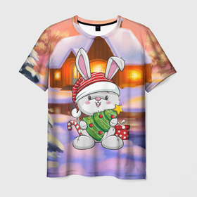 Мужская футболка 3D с принтом Новый год   зайчик с елочкой в Курске, 100% полиэфир | прямой крой, круглый вырез горловины, длина до линии бедер | 