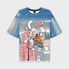 Мужская футболка oversize 3D с принтом Веселый заяц на фоне елки в Петрозаводске,  |  | 