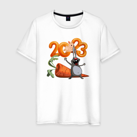 Мужская футболка хлопок с принтом Заяц с большой морковкой     новый год в Новосибирске, 100% хлопок | прямой крой, круглый вырез горловины, длина до линии бедер, слегка спущенное плечо. | 