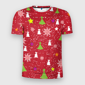 Мужская футболка 3D Slim с принтом Red new year в Белгороде, 100% полиэстер с улучшенными характеристиками | приталенный силуэт, круглая горловина, широкие плечи, сужается к линии бедра | 