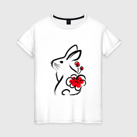 Женская футболка хлопок с принтом Силуэт кролика с японским цветком в Екатеринбурге, 100% хлопок | прямой крой, круглый вырез горловины, длина до линии бедер, слегка спущенное плечо | 