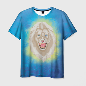 Мужская футболка 3D с принтом Белый огненный лев на фоне синего в Белгороде, 100% полиэфир | прямой крой, круглый вырез горловины, длина до линии бедер | 