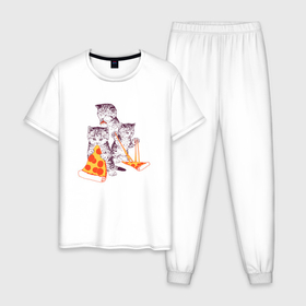 Мужская пижама хлопок с принтом Пицца коты в Кировске, 100% хлопок | брюки и футболка прямого кроя, без карманов, на брюках мягкая резинка на поясе и по низу штанин
 | 