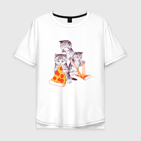 Мужская футболка хлопок Oversize с принтом Пицца коты в Екатеринбурге, 100% хлопок | свободный крой, круглый ворот, “спинка” длиннее передней части | Тематика изображения на принте: 