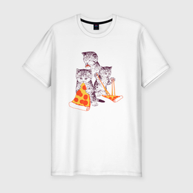 Мужская футболка хлопок Slim с принтом Пицца коты , 92% хлопок, 8% лайкра | приталенный силуэт, круглый вырез ворота, длина до линии бедра, короткий рукав | 