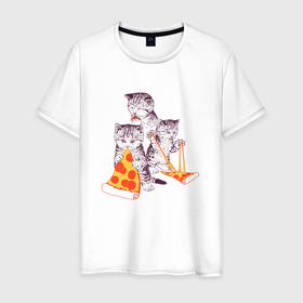 Мужская футболка хлопок с принтом Пицца коты в Екатеринбурге, 100% хлопок | прямой крой, круглый вырез горловины, длина до линии бедер, слегка спущенное плечо. | 
