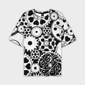 Мужская футболка OVERSIZE 3D с принтом Шестеренки в черно белом стиле в Петрозаводске,  |  | 