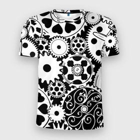 Мужская футболка 3D Slim с принтом Шестеренки в черно белом стиле в Петрозаводске, 100% полиэстер с улучшенными характеристиками | приталенный силуэт, круглая горловина, широкие плечи, сужается к линии бедра | 