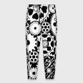 Мужские брюки 3D с принтом Шестеренки в черно белом стиле в Петрозаводске, 100% полиэстер | манжеты по низу, эластичный пояс регулируется шнурком, по бокам два кармана без застежек, внутренняя часть кармана из мелкой сетки | 