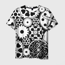 Мужская футболка 3D с принтом Шестеренки в черно белом стиле в Петрозаводске, 100% полиэфир | прямой крой, круглый вырез горловины, длина до линии бедер | 