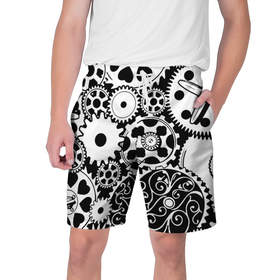 Мужские шорты 3D с принтом Шестеренки в черно белом стиле в Петрозаводске,  полиэстер 100% | прямой крой, два кармана без застежек по бокам. Мягкая трикотажная резинка на поясе, внутри которой широкие завязки. Длина чуть выше колен | 