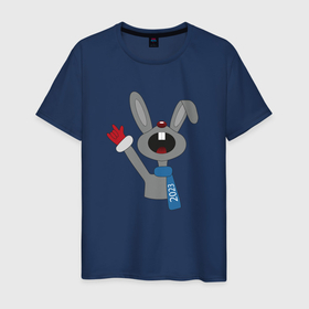 Мужская футболка хлопок с принтом Довольный кролик отмечает Новый год 2023 в Кировске, 100% хлопок | прямой крой, круглый вырез горловины, длина до линии бедер, слегка спущенное плечо. | 