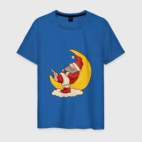 Мужская футболка хлопок с принтом Санта на луне в Санкт-Петербурге, 100% хлопок | прямой крой, круглый вырез горловины, длина до линии бедер, слегка спущенное плечо. | 