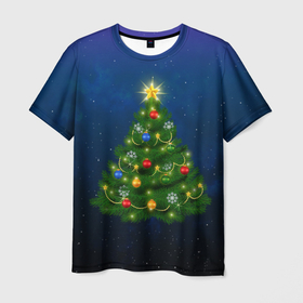Мужская футболка 3D с принтом Новогодняя елка с яркой звездой , 100% полиэфир | прямой крой, круглый вырез горловины, длина до линии бедер | 