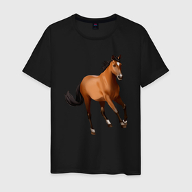 Мужская футболка хлопок с принтом Мустанг лошадь в Кировске, 100% хлопок | прямой крой, круглый вырез горловины, длина до линии бедер, слегка спущенное плечо. | 