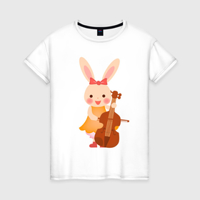 Женская футболка хлопок с принтом Зайчик музыкант в Курске, 100% хлопок | прямой крой, круглый вырез горловины, длина до линии бедер, слегка спущенное плечо | 
