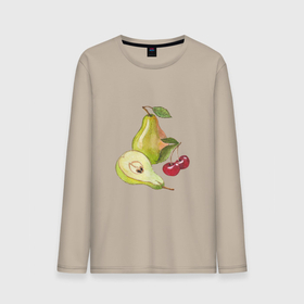 Мужской лонгслив хлопок с принтом Акварельные спелые фрукты груши и вишня в Тюмени, 100% хлопок |  | Тематика изображения на принте: 