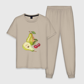 Мужская пижама хлопок с принтом Акварельные спелые фрукты груши и вишня в Тюмени, 100% хлопок | брюки и футболка прямого кроя, без карманов, на брюках мягкая резинка на поясе и по низу штанин
 | 