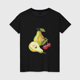 Женская футболка хлопок с принтом Акварельные спелые фрукты груши и вишня , 100% хлопок | прямой крой, круглый вырез горловины, длина до линии бедер, слегка спущенное плечо | 