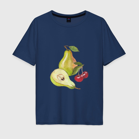 Мужская футболка хлопок Oversize с принтом Акварельные спелые фрукты груши и вишня в Тюмени, 100% хлопок | свободный крой, круглый ворот, “спинка” длиннее передней части | 