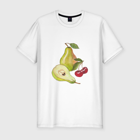 Мужская футболка хлопок Slim с принтом Акварельные спелые фрукты груши и вишня в Тюмени, 92% хлопок, 8% лайкра | приталенный силуэт, круглый вырез ворота, длина до линии бедра, короткий рукав | Тематика изображения на принте: 