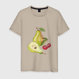 Мужская футболка хлопок с принтом Акварельные спелые фрукты груши и вишня в Тюмени, 100% хлопок | прямой крой, круглый вырез горловины, длина до линии бедер, слегка спущенное плечо. | Тематика изображения на принте: 