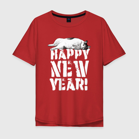 Мужская футболка хлопок Oversize с принтом Happy new year   кошечка в Тюмени, 100% хлопок | свободный крой, круглый ворот, “спинка” длиннее передней части | Тематика изображения на принте: 