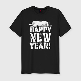 Мужская футболка хлопок Slim с принтом Happy new year   кошечка в Тюмени, 92% хлопок, 8% лайкра | приталенный силуэт, круглый вырез ворота, длина до линии бедра, короткий рукав | Тематика изображения на принте: 