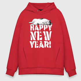 Мужское худи Oversize хлопок с принтом Happy new year   кошечка в Екатеринбурге, френч-терри — 70% хлопок, 30% полиэстер. Мягкий теплый начес внутри —100% хлопок | боковые карманы, эластичные манжеты и нижняя кромка, капюшон на магнитной кнопке | 