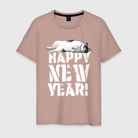 Мужская футболка хлопок с принтом Happy new year   кошечка в Тюмени, 100% хлопок | прямой крой, круглый вырез горловины, длина до линии бедер, слегка спущенное плечо. | Тематика изображения на принте: 