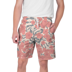 Мужские шорты 3D с принтом Узор из красных цветов в Курске,  полиэстер 100% | прямой крой, два кармана без застежек по бокам. Мягкая трикотажная резинка на поясе, внутри которой широкие завязки. Длина чуть выше колен | 