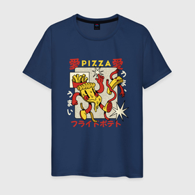 Мужская футболка хлопок с принтом Пицца и картошка фри в Кировске, 100% хлопок | прямой крой, круглый вырез горловины, длина до линии бедер, слегка спущенное плечо. | 