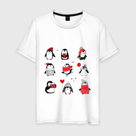 Мужская футболка хлопок с принтом Positive penguins в Тюмени, 100% хлопок | прямой крой, круглый вырез горловины, длина до линии бедер, слегка спущенное плечо. | Тематика изображения на принте: 