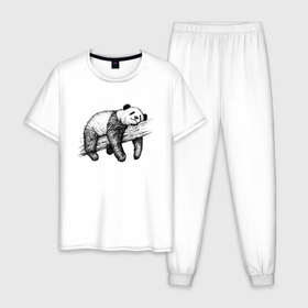 Мужская пижама хлопок с принтом Панда отдыхает на дереве в Курске, 100% хлопок | брюки и футболка прямого кроя, без карманов, на брюках мягкая резинка на поясе и по низу штанин
 | 